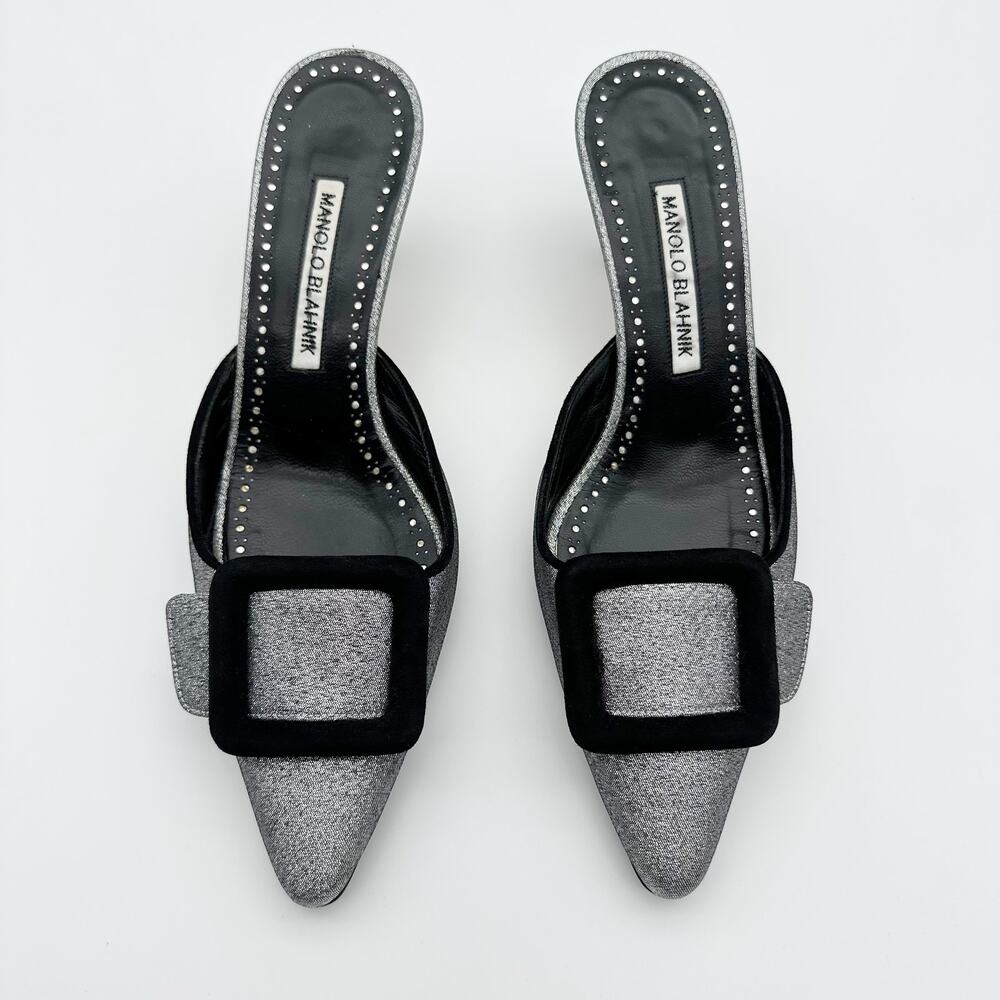 Manolo Blahnik Maysale Silver Glitter Mule Buckle Pointed Kitten Heel Shoes 37